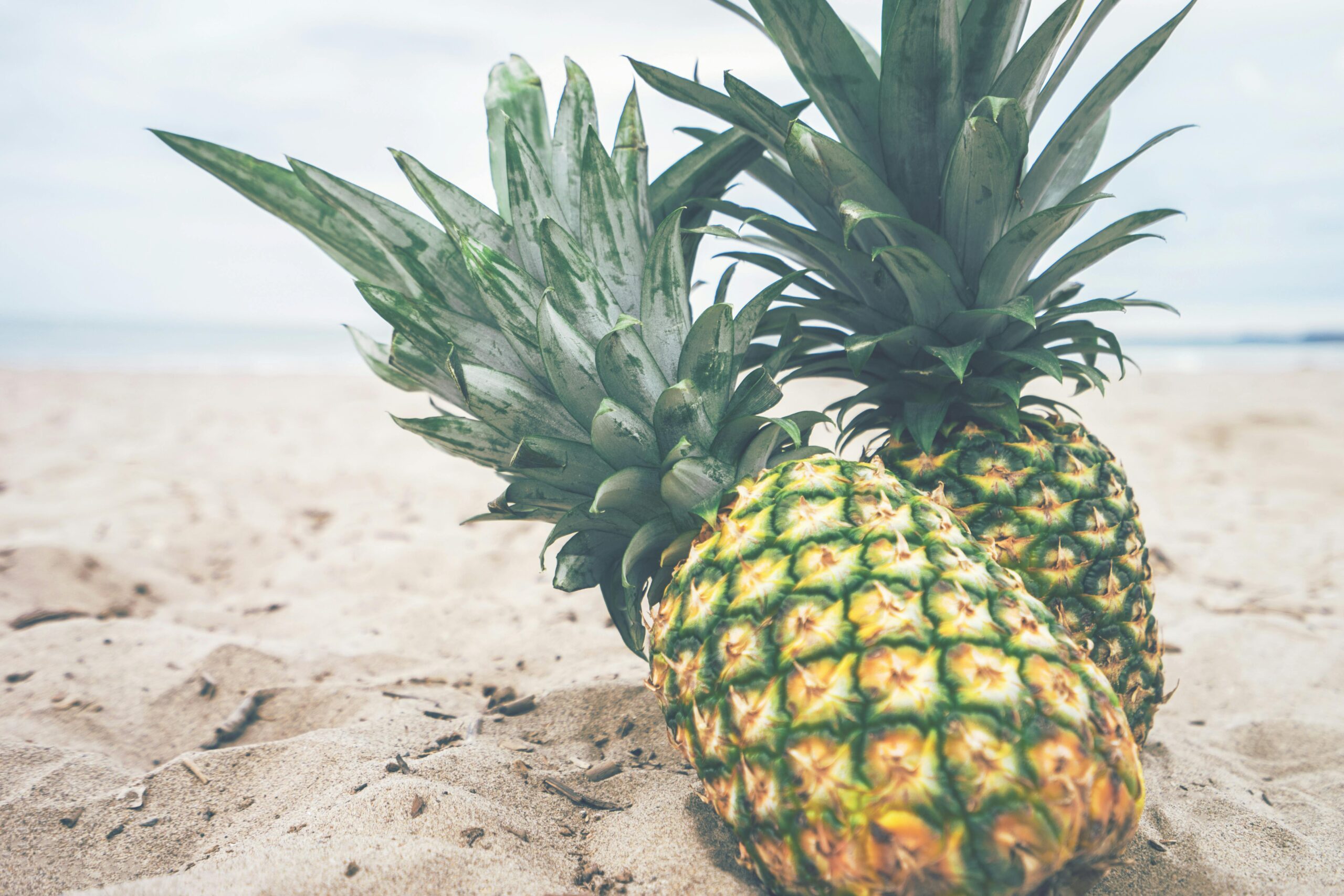 Two ripe pineapples resting on a sunny beach, perfect for tropical themes.